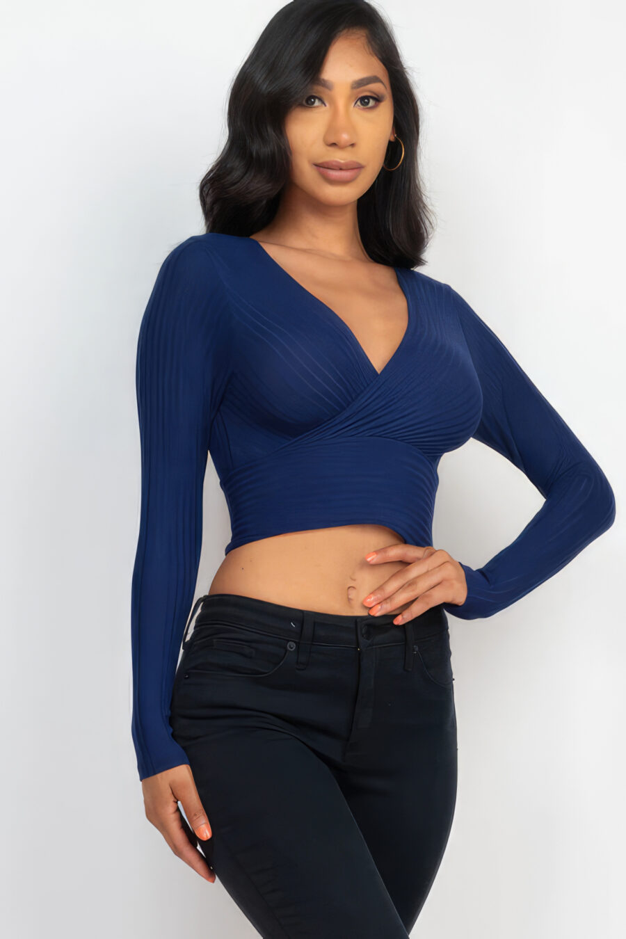 Ribbed wrap front long sleeve top