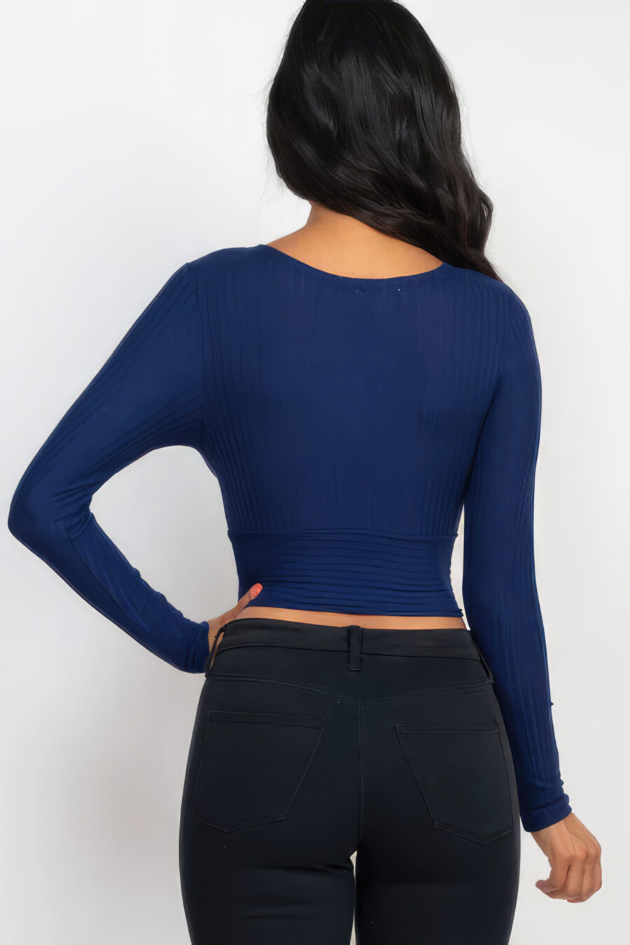 Ribbed wrap front long sleeve top