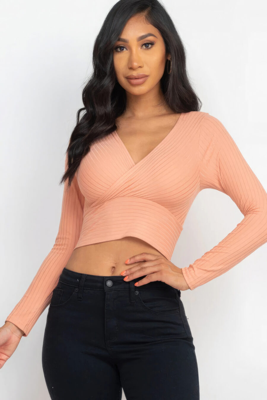 Ribbed wrap front long sleeve top