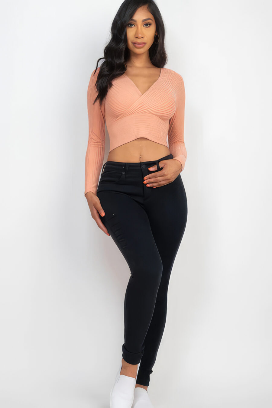 Ribbed wrap front long sleeve top