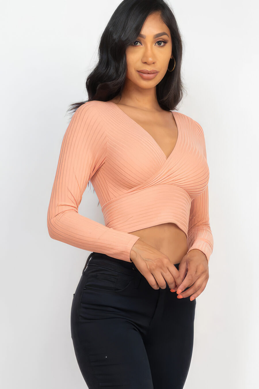 Ribbed wrap front long sleeve top