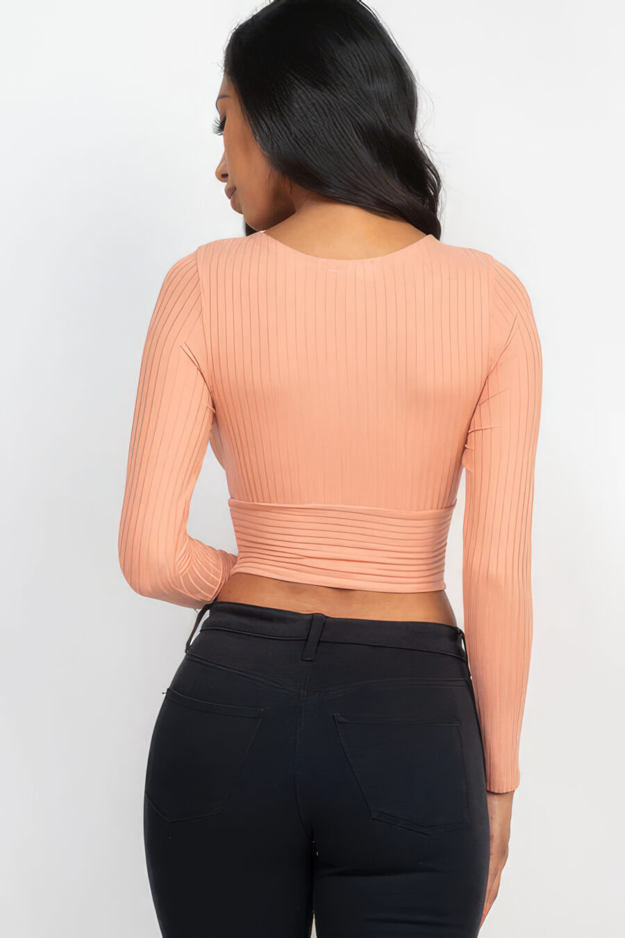 Ribbed wrap front long sleeve top