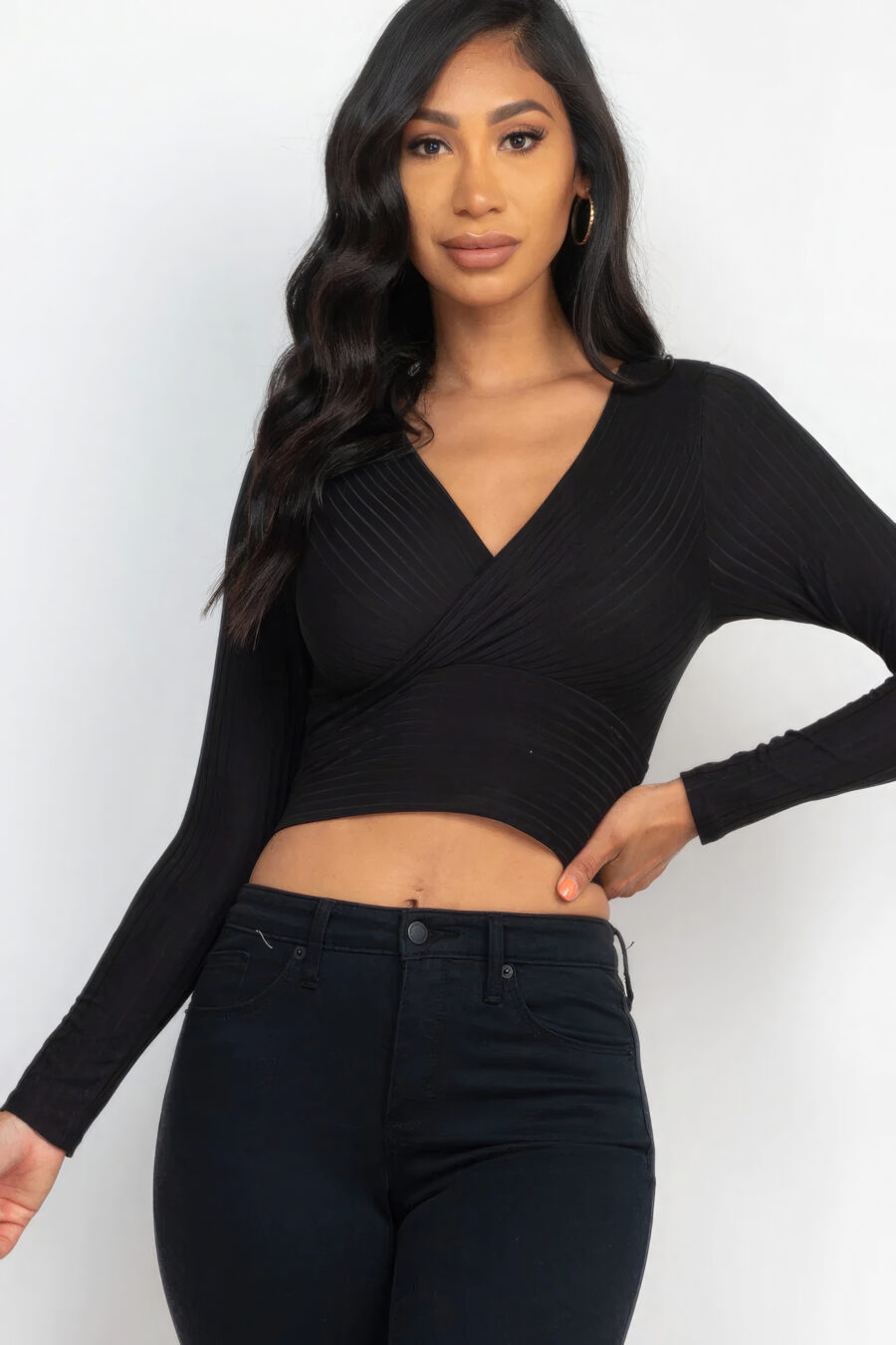 Ribbed wrap front long sleeve top