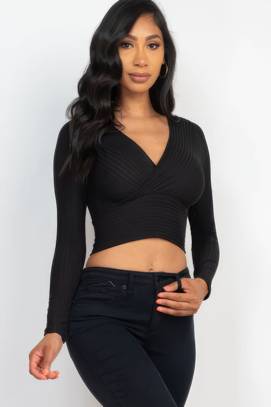 Ribbed wrap front long sleeve top