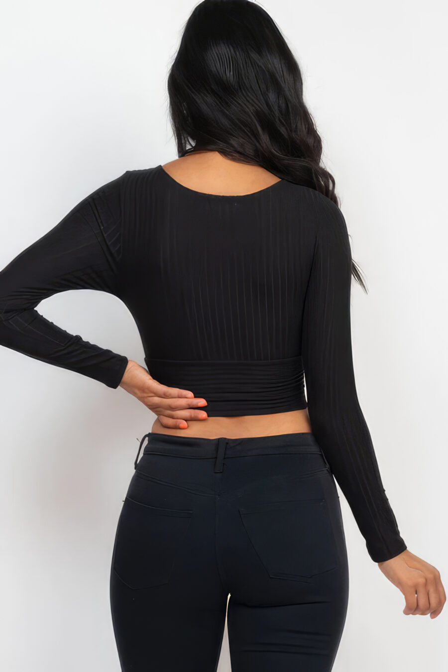 Ribbed wrap front long sleeve top