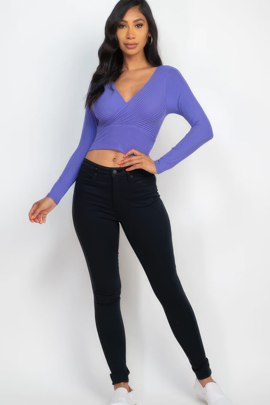 Ribbed wrap front long sleeve top