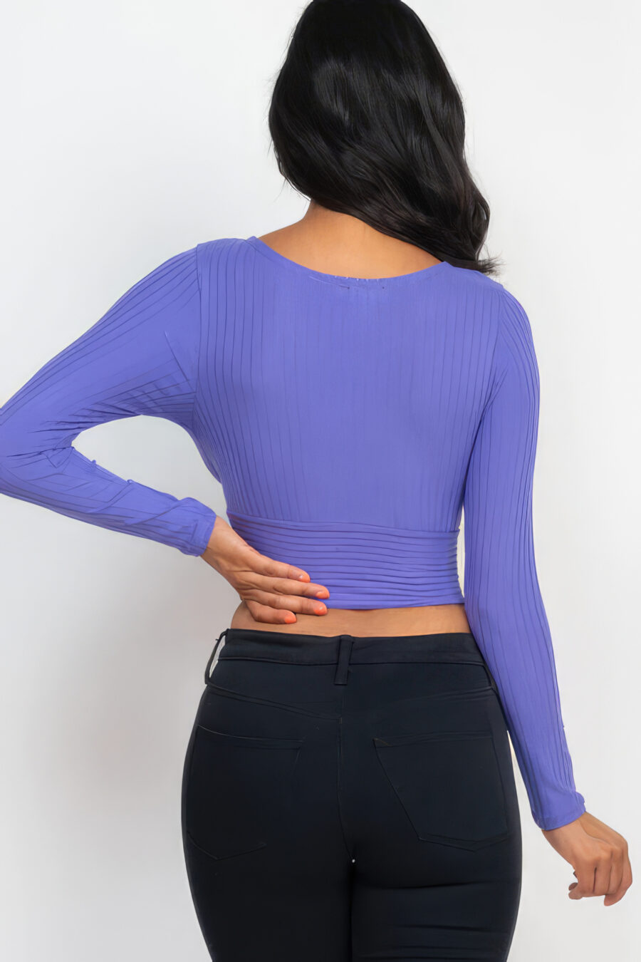 Ribbed wrap front long sleeve top