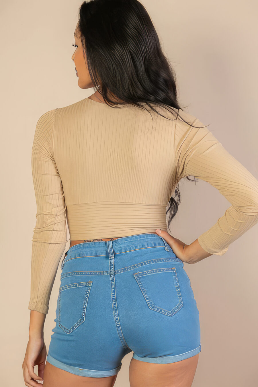 Ribbed wrap front long sleeve top