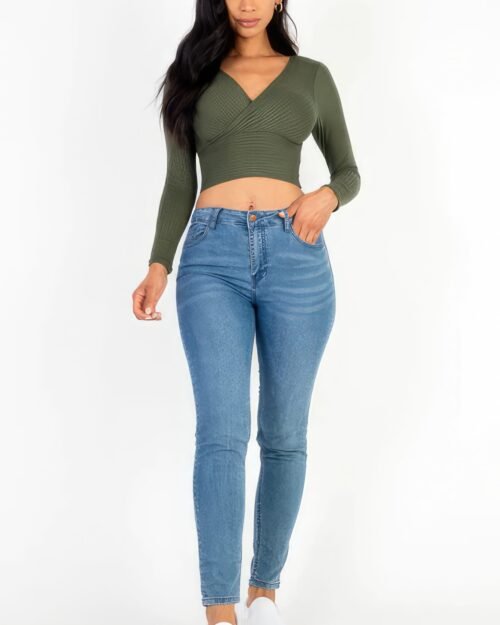 Ribbed Wrap Front Long Sleeve Top