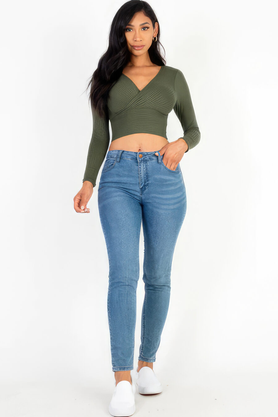 Ribbed wrap front long sleeve top