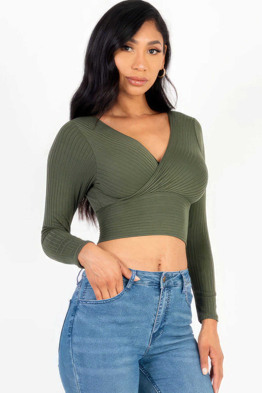 Ribbed wrap front long sleeve top