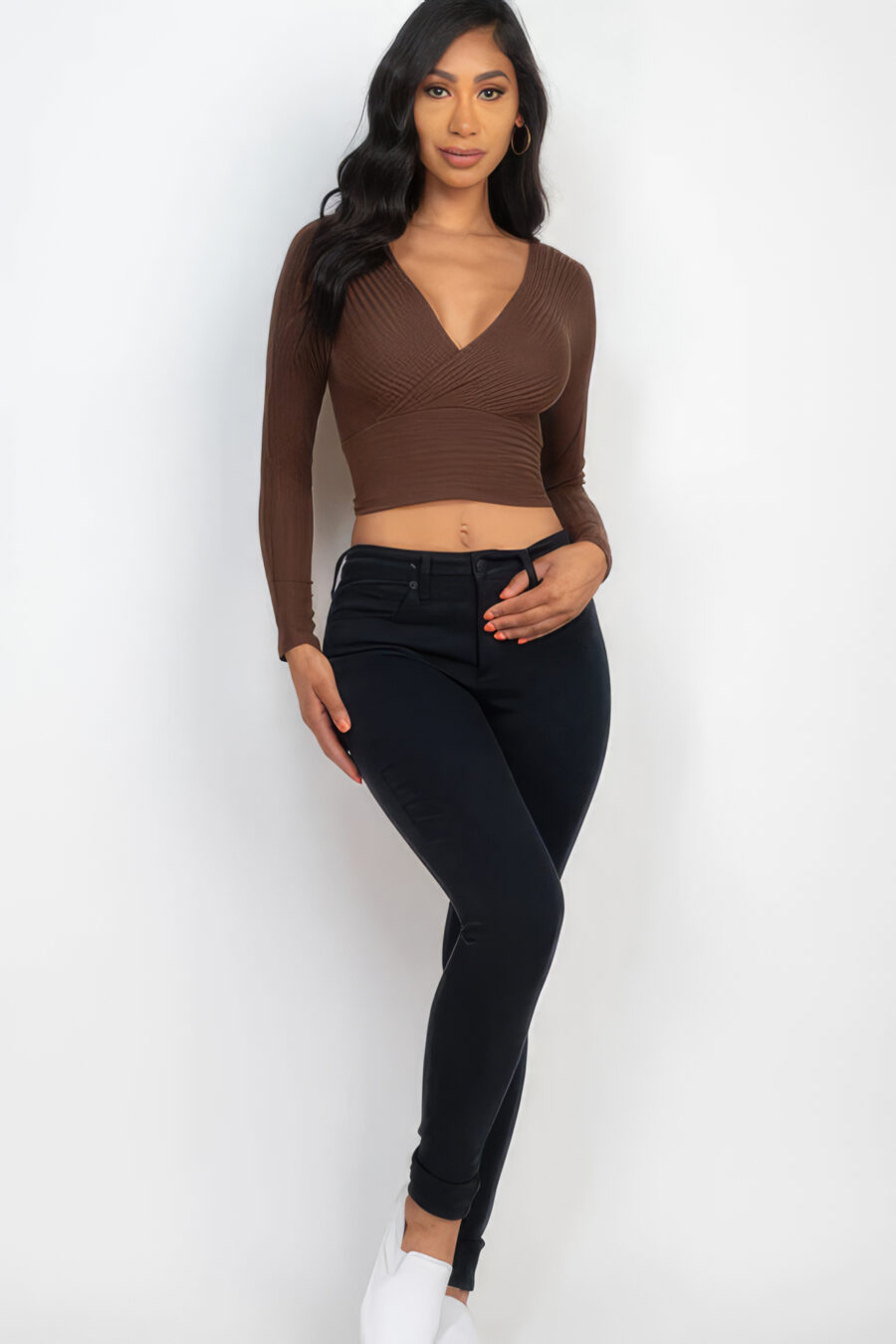 Ribbed wrap front long sleeve top