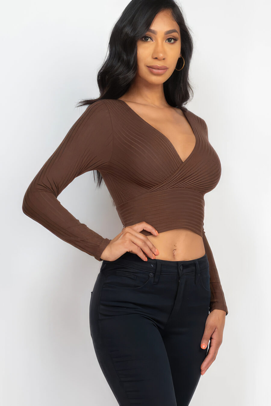 Ribbed wrap front long sleeve top