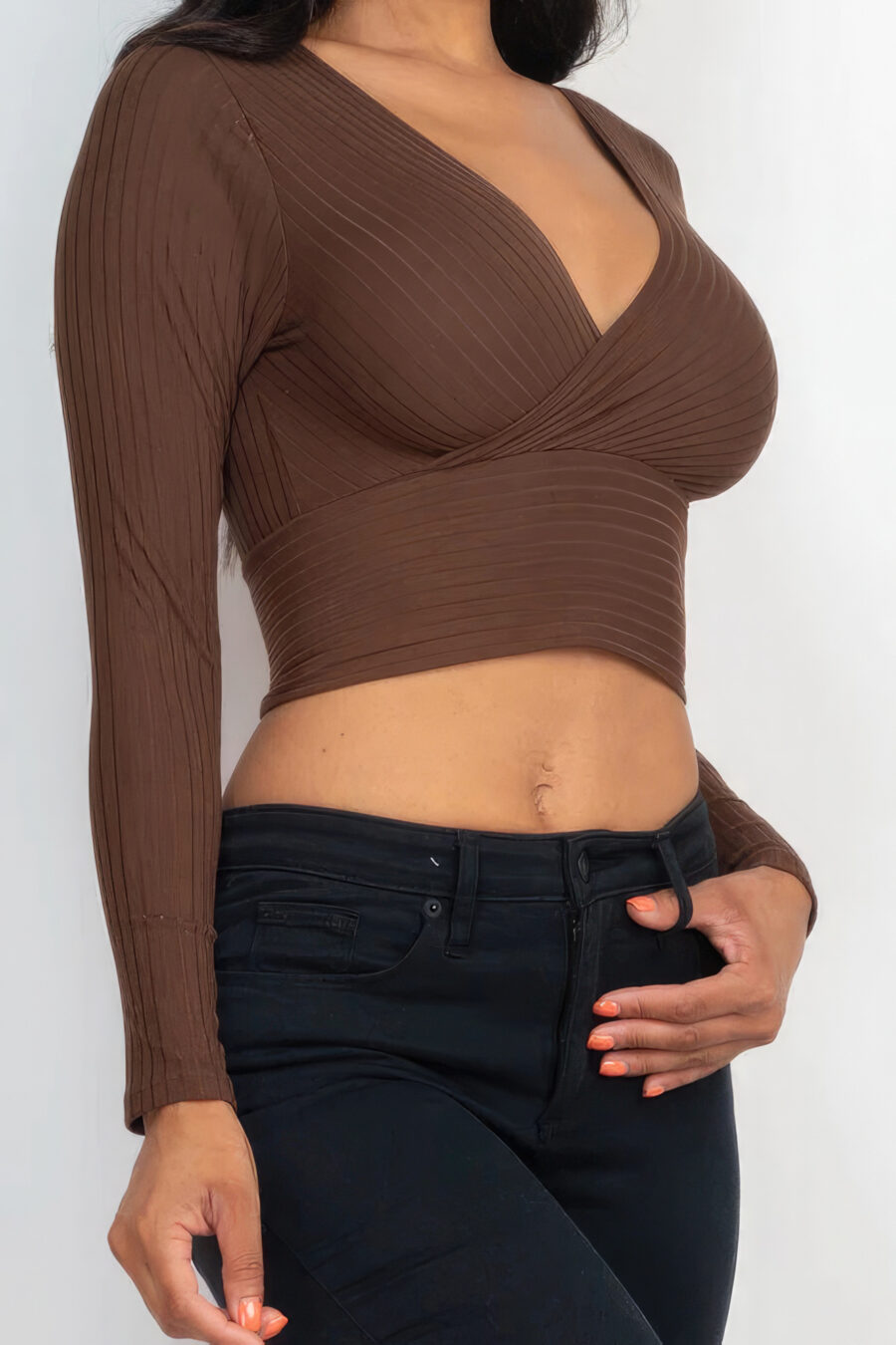 Ribbed wrap front long sleeve top