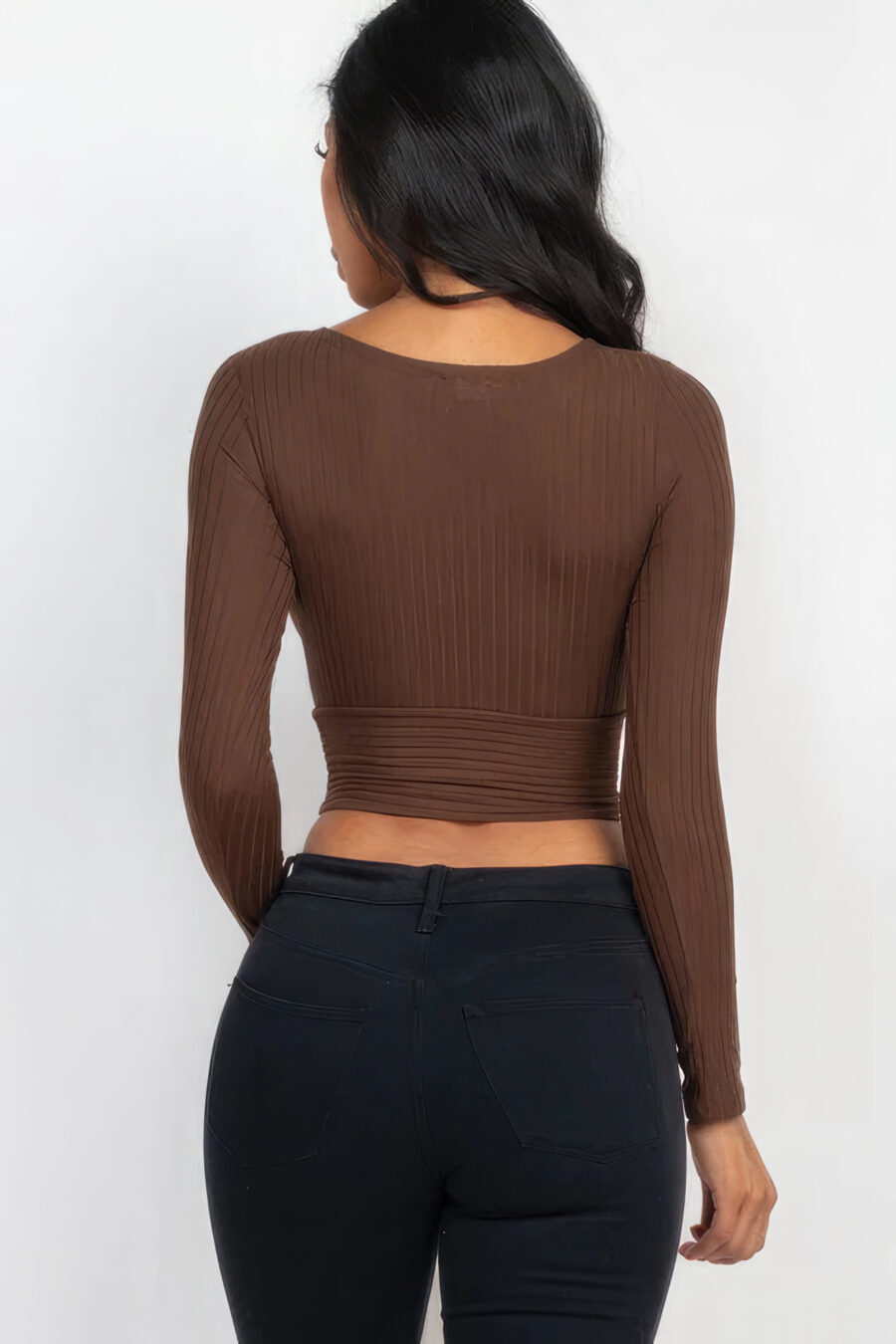 Ribbed wrap front long sleeve top