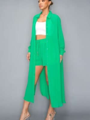 Chiffon Button Down Long Sleeve Side Slit Long Top With Short Set
