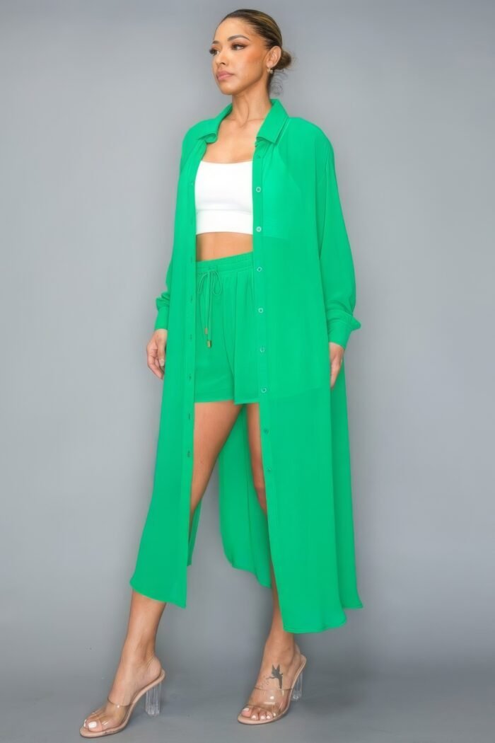 Chiffon button down long sleeve side slit long top with short set