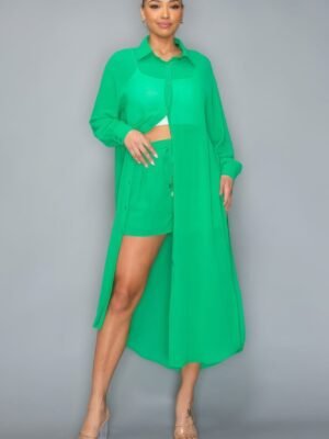 Chiffon Button Down Long Sleeve Side Slit Long Top With Short Set