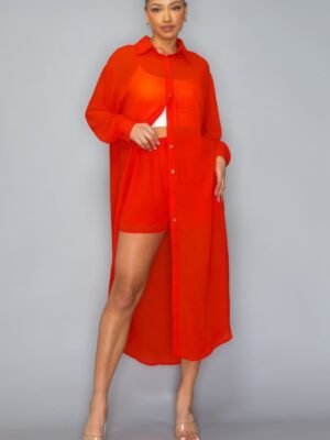 Chiffon Button Down Long Sleeve Side Slit Long Top With Short Set