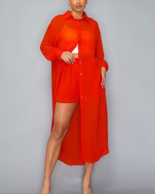 Chiffon Button Down Long Sleeve Side Slit Long Top With Short Set