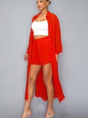 Chiffon Button Down Long Sleeve Side Slit Long Top With Short Set
