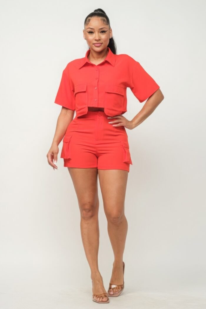 Front button down side pockets top and shorts set