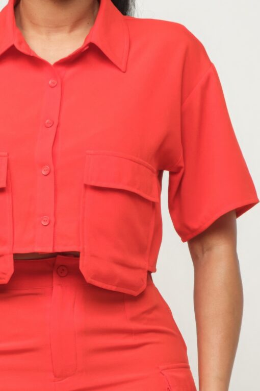 Front Button Down Side Pockets Top And Shorts Set - Image 4