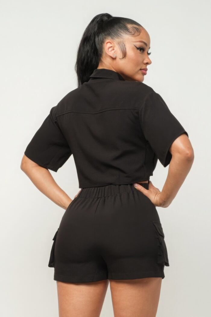Front button down side pockets top and shorts set