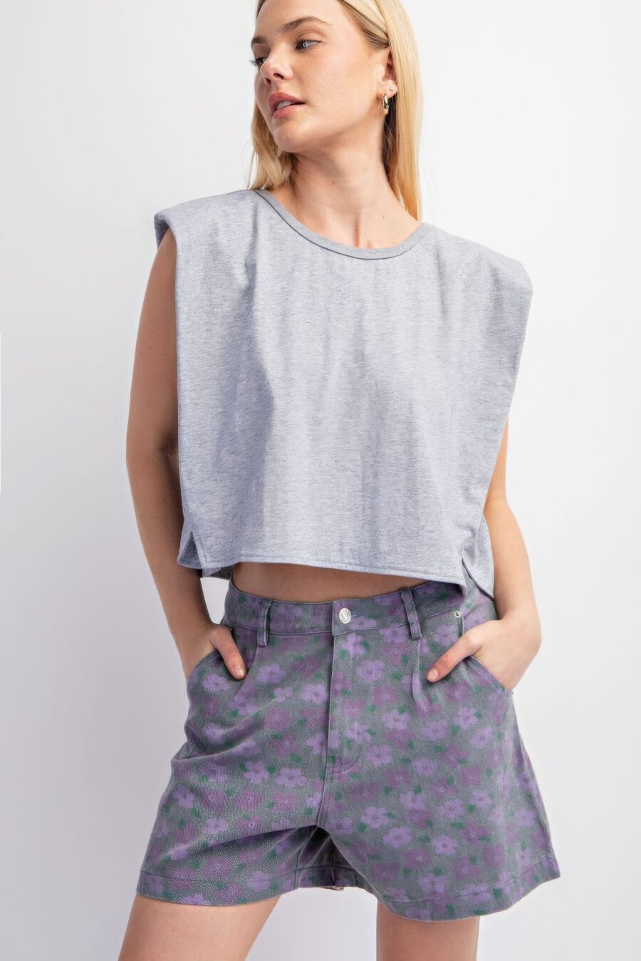 Sleeveless crop top with shoulder pads