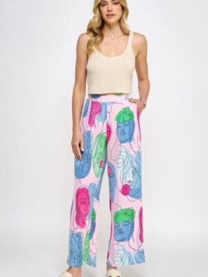 Printed Wide Leg Pant With Elastic Back