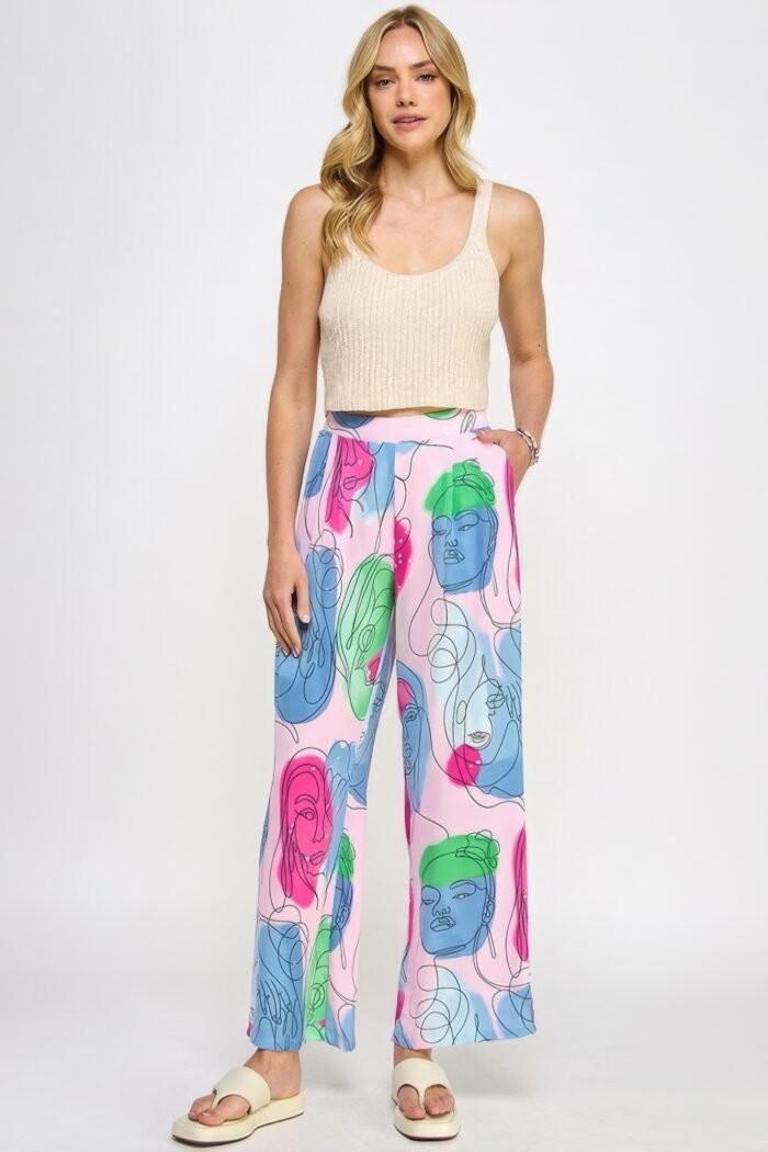 Printed wide leg pant with elastic back