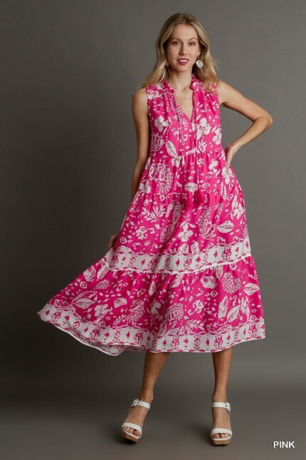 Women's Pink summer dress – pink floral paisley midi sleeveless boho
