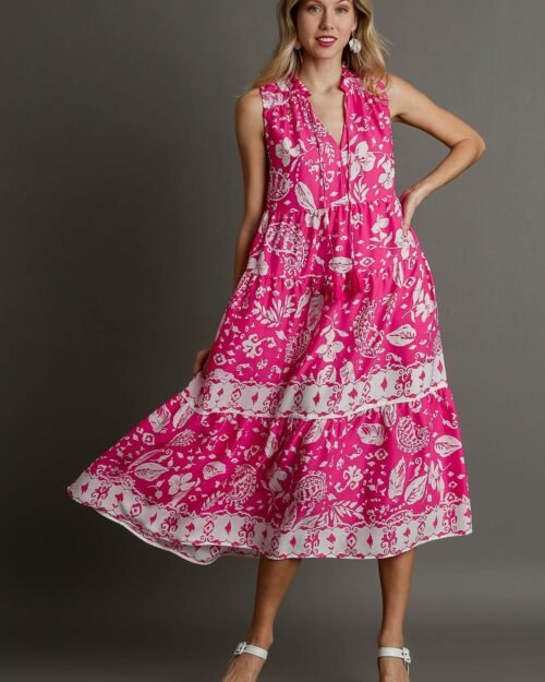 women's pink summer dress – pink floral paisley midi sleeveless boho