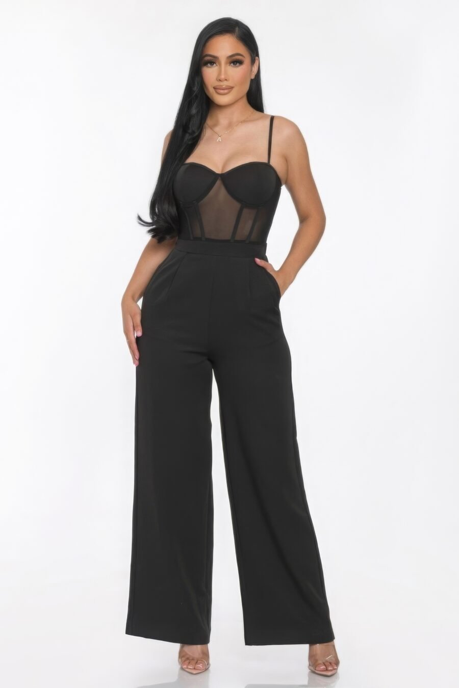 Mesh insert cup wide leg jumpsuit - image 5