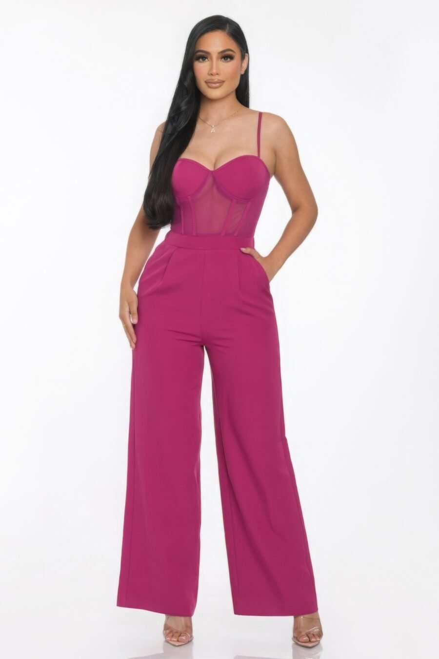Mesh insert cup wide leg jumpsuit