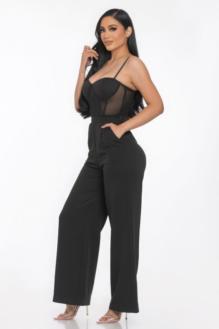 Mesh insert cup wide leg jumpsuit - image 6
