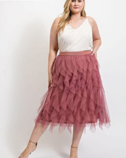 Ruffled Tulle Midi Skirt With Elastic Waist Band