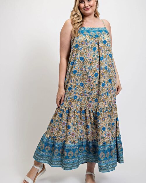 Floral And Aztec Print Drop Down Maxi Dress With Spaghetti Strap