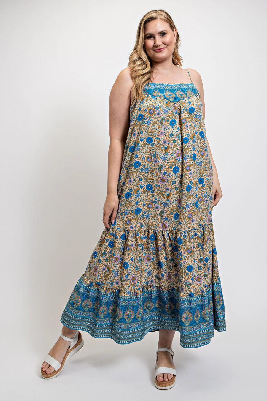 Floral and aztec print drop down maxi dress with spaghetti strap