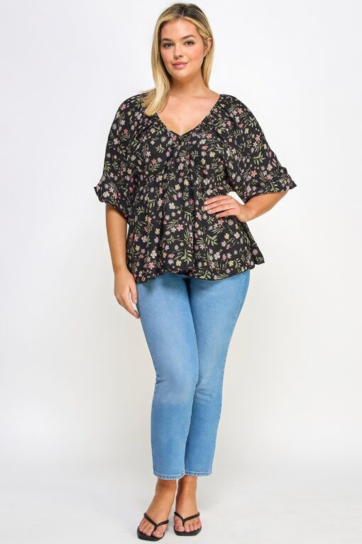 Floral V-neck Babydoll Balloon Slv Top - Image 2