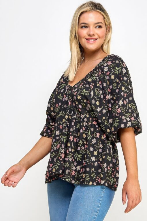 Floral V-neck Babydoll Balloon Slv Top - Image 4