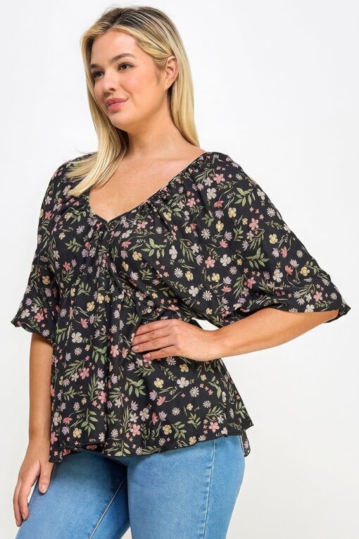 Floral V-neck Babydoll Balloon Slv Top - Image 5