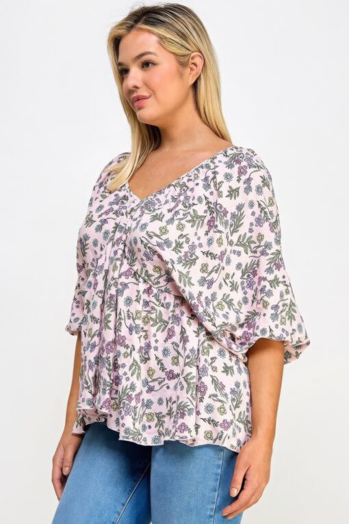 Floral V-neck Babydoll Balloon Slv Top - Image 10