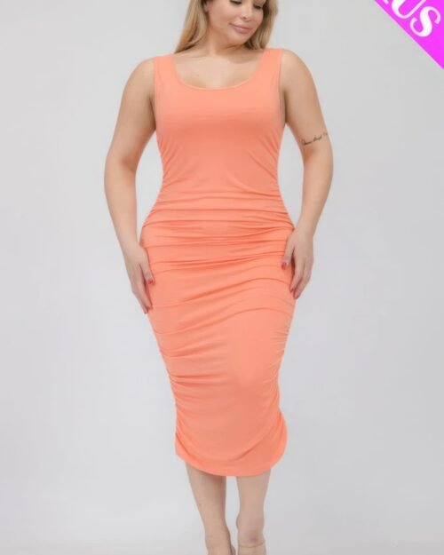 plus size square neck ruched bodycon midi dress