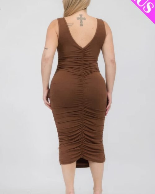 plus size square neck ruched bodycon midi dress