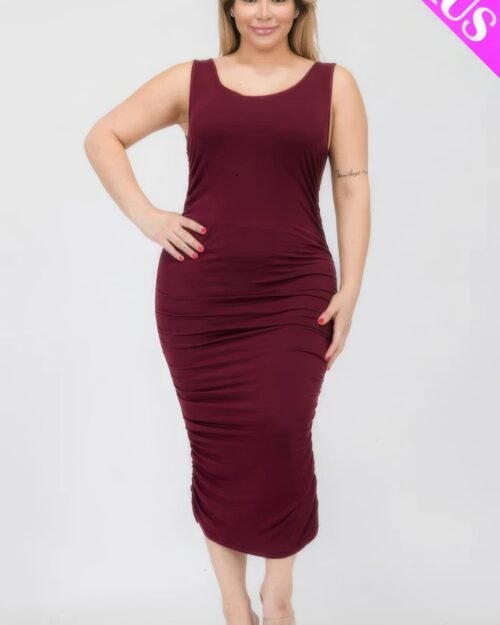 plus size square neck ruched bodycon midi dress