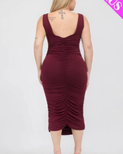 plus size square neck ruched bodycon midi dress