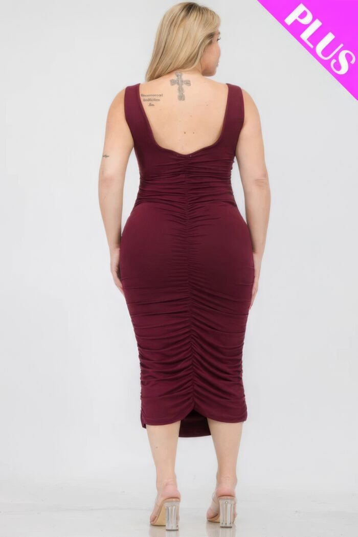 Plus size square neck ruched bodycon midi dress