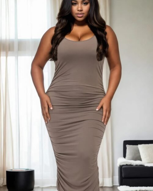 plus size square neck ruched bodycon midi dress