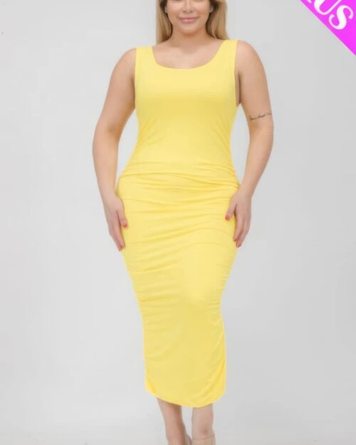 plus size square neck ruched bodycon midi dress